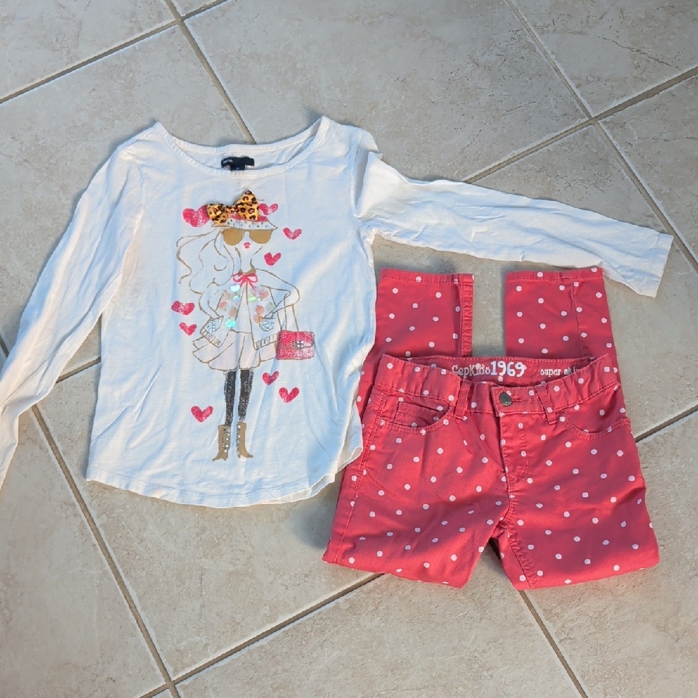 GAP Girls  Size 8White Top with Pinky Peach Polka Dot Skinny Jeans Set